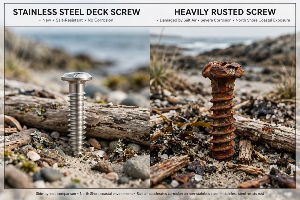Stainless steel deck screws vs rusted galvanized screws from salt air corrosion North Shore