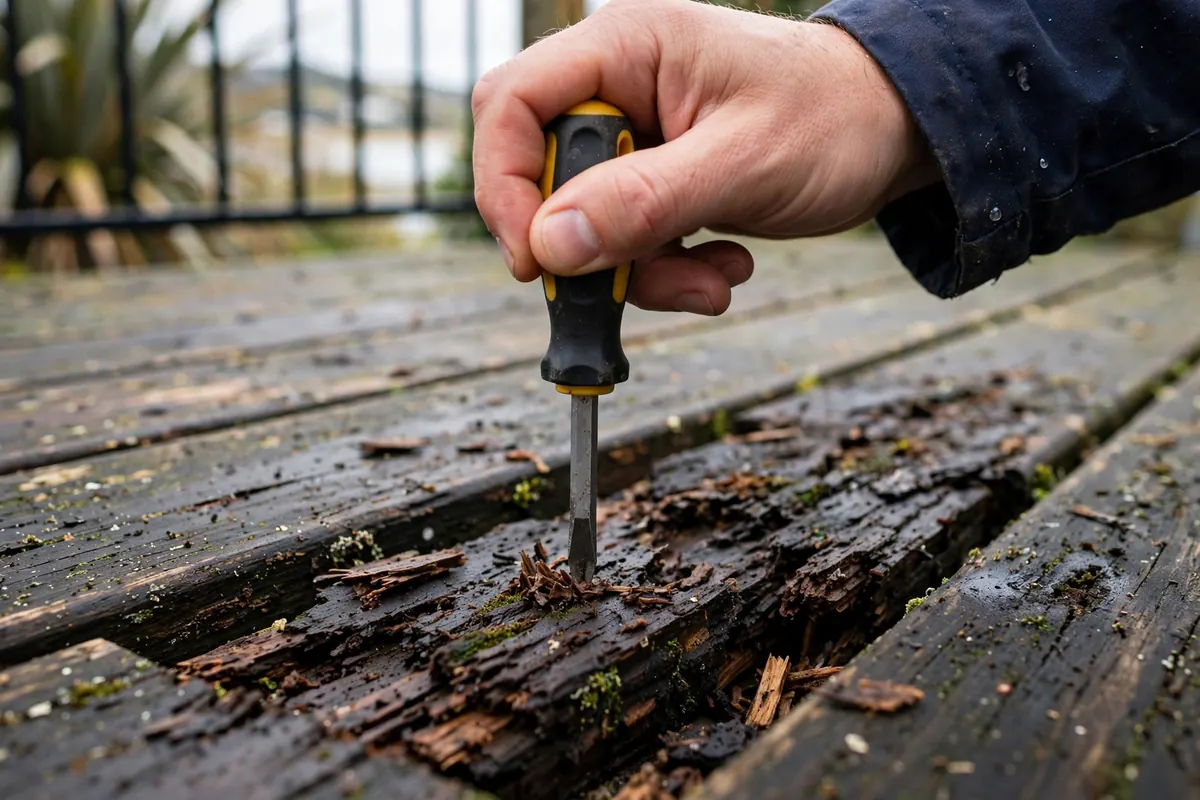 Testing for soft rotten deck boards with screwdriver North Shore Auckland