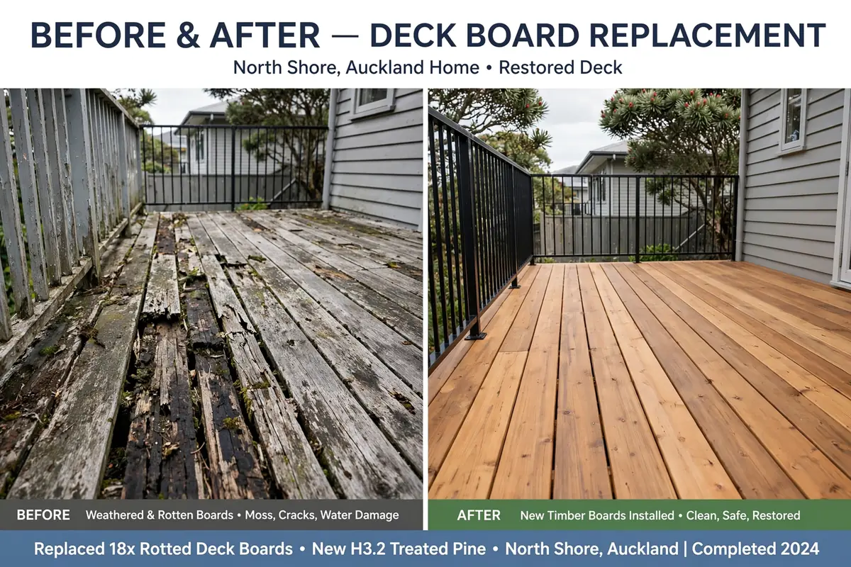 Before and after deck board replacement North Shore Auckland weathered timber vs new kwila