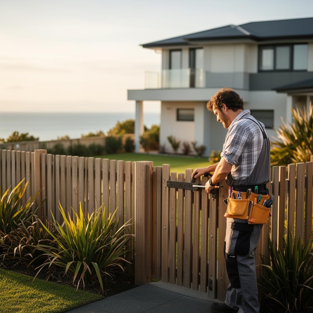 Local handyman repairing a residential timber gate on the North Shore of Auckland