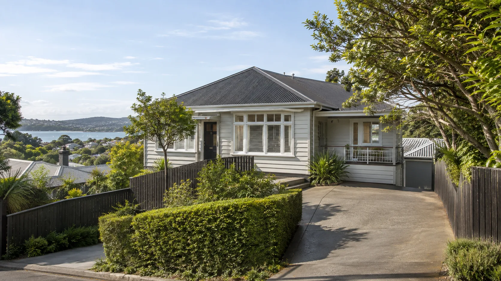 Single-storey pale weatherboard bungalow with a dark tiled hipped roof, dark timber fence and clipped hedge beside a concrete driveway, overlooking harbour water and tree-covered hills