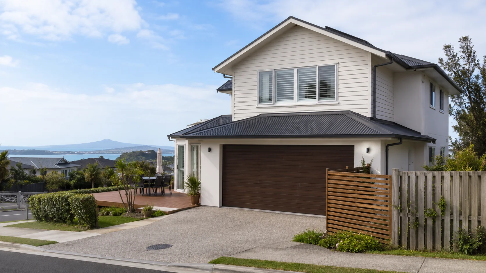 Modern two-storey Long Bay home with timber deck, fenced driveway and coastal water view