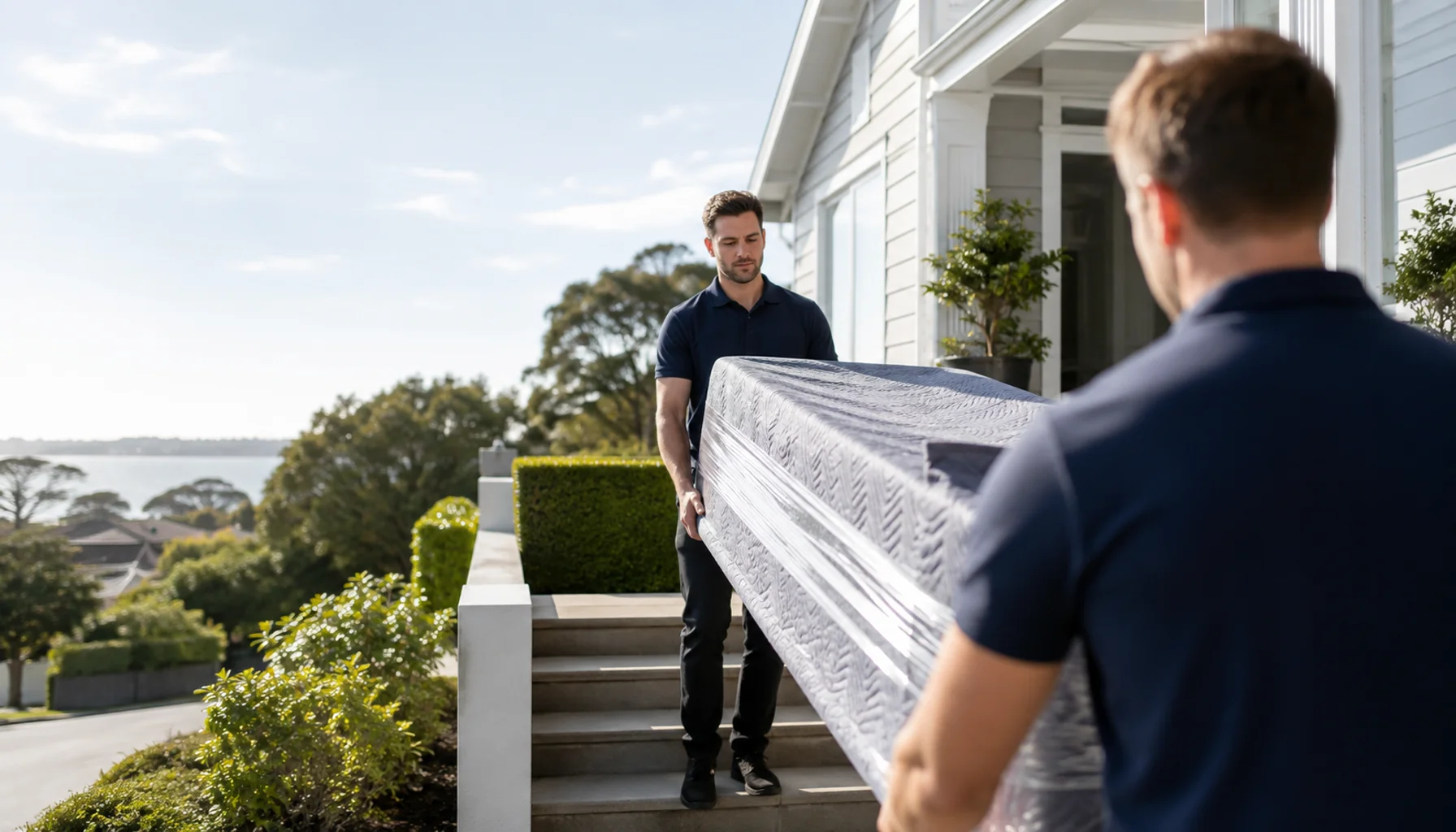Two professional movers carefully carrying wrapped furniture outside a North Shore Auckland home