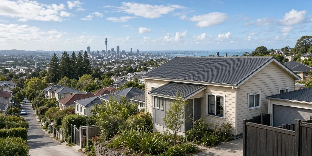 Single-storey cream weatherboard house with a dark corrugated-metal roof and a grey stone garden wall, overlooking the Auckland skyline and Sky Tower across the harbour
